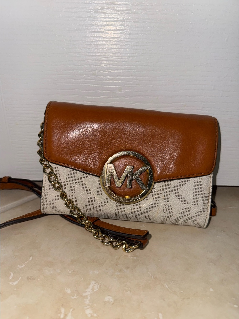 Michael Kors Tan & Cream Signature MK Logo Crossbody
